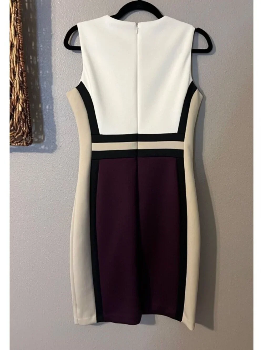 Calvin Klein Dress 8 Black Tan Plum Ivory Stretch Scuba Career Church